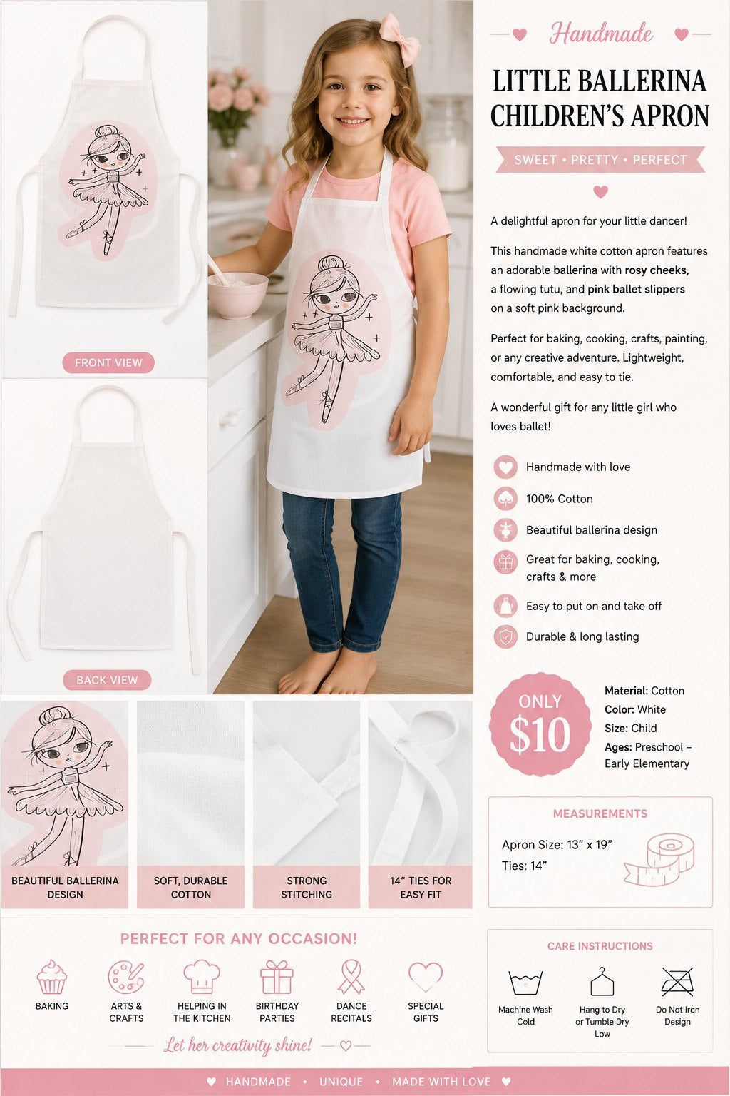 Little Ballerina White Cotton Kids Apron - details and styling
