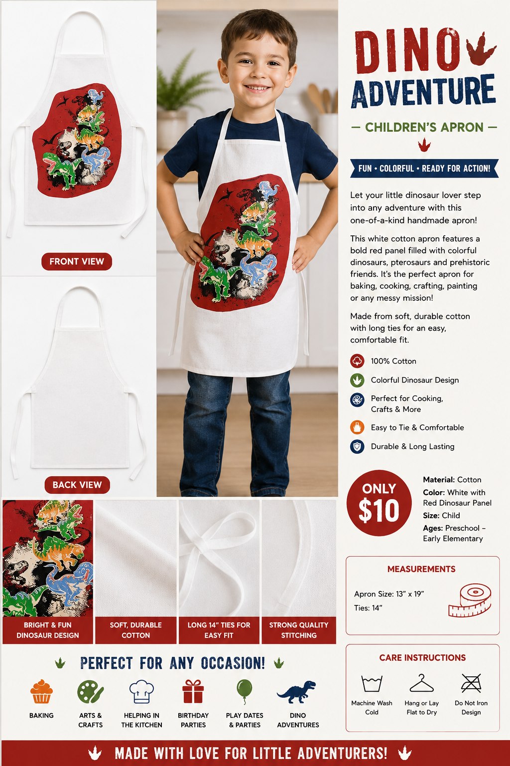 Dino Adventure White Cotton Kids Apron - details and styling