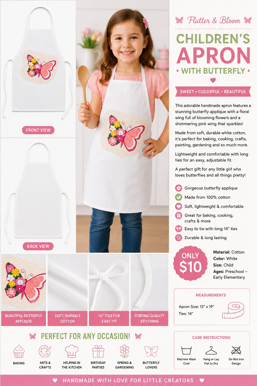 Flutter & Bloom White Cotton Kids Apron - details and styling