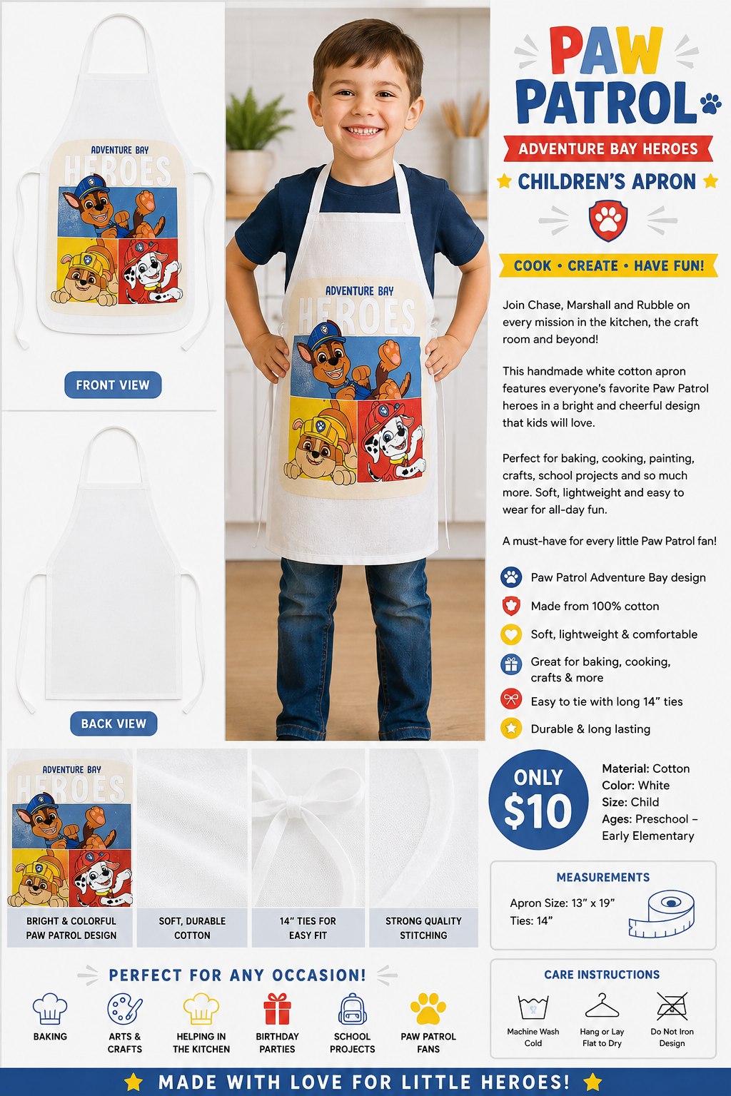 Paw Patrol Adventure Bay Heroes White Cotton Kids Apron - details and styling