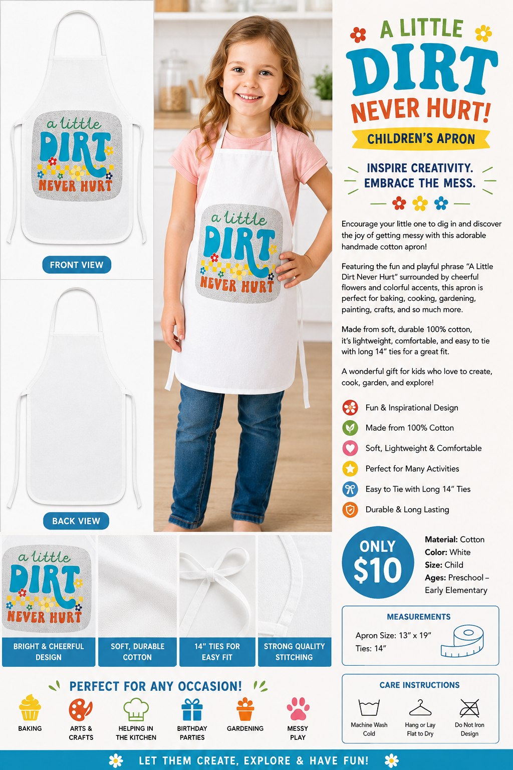 A Little Dirt Never Hurt White Cotton Kids Apron - details and styling