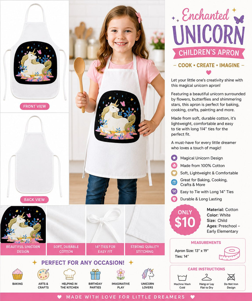 Enchanted Unicorn White Cotton Kids Apron - details and styling