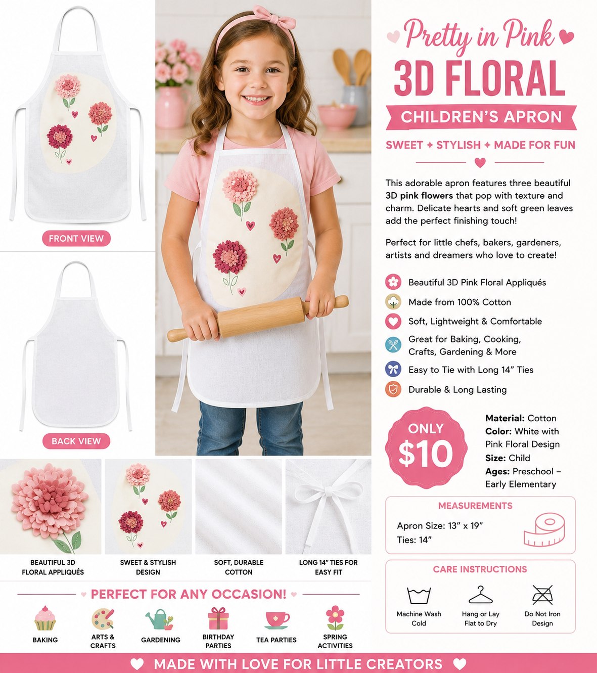 3D Pink Flower Trio White Cotton Kids Apron - details and styling