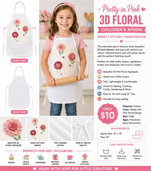3D Pink Flower Trio White Cotton Kids Apron - details and styling