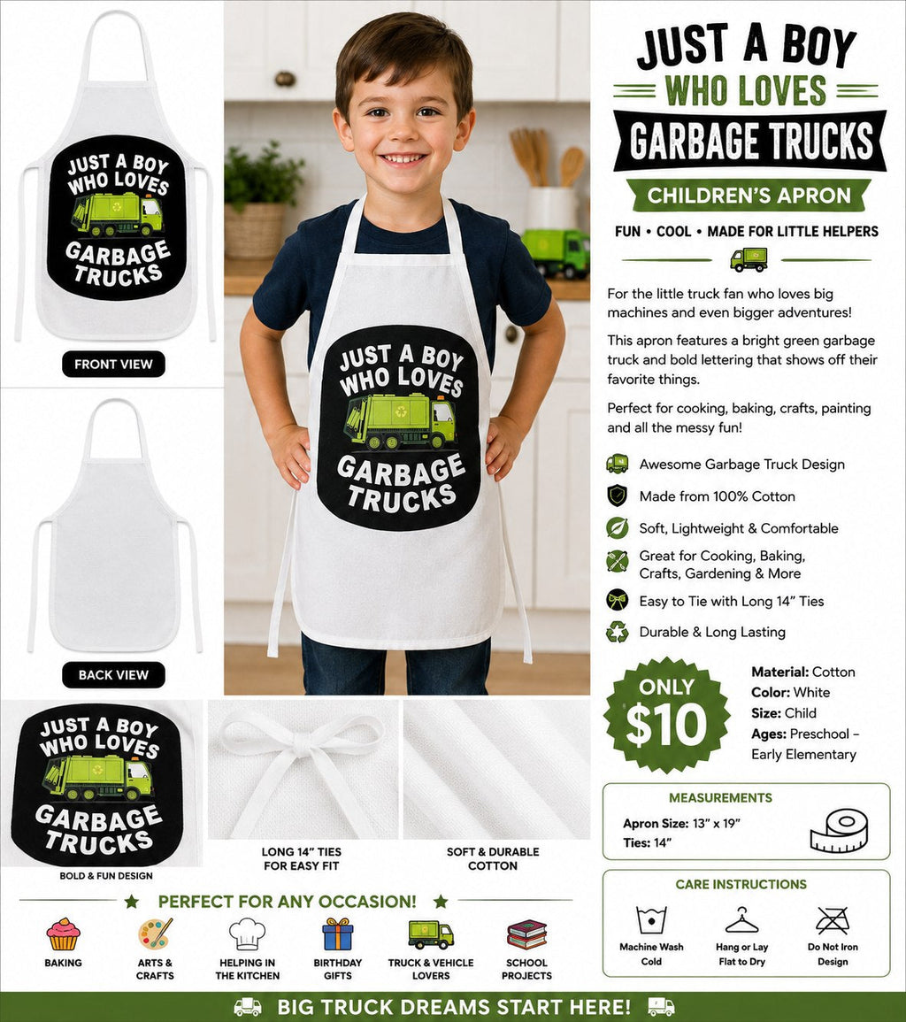 Garbage Truck Fan White Cotton Kids Apron - details and styling