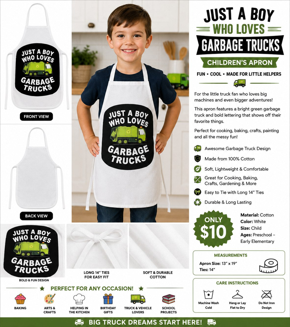Garbage Truck Fan White Cotton Kids Apron - details and styling