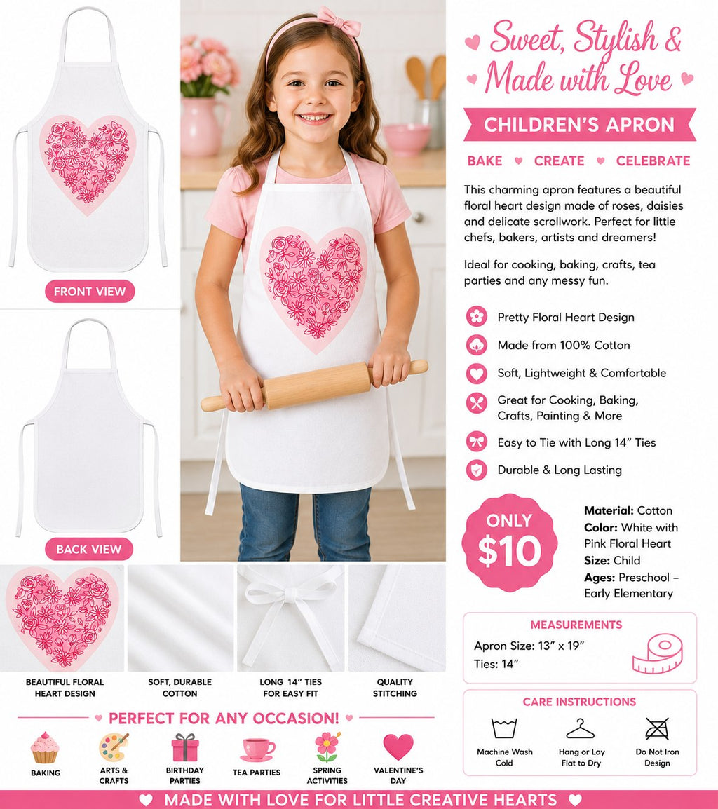 Floral Scrollwork Heart White Cotton Kids Apron - details and styling