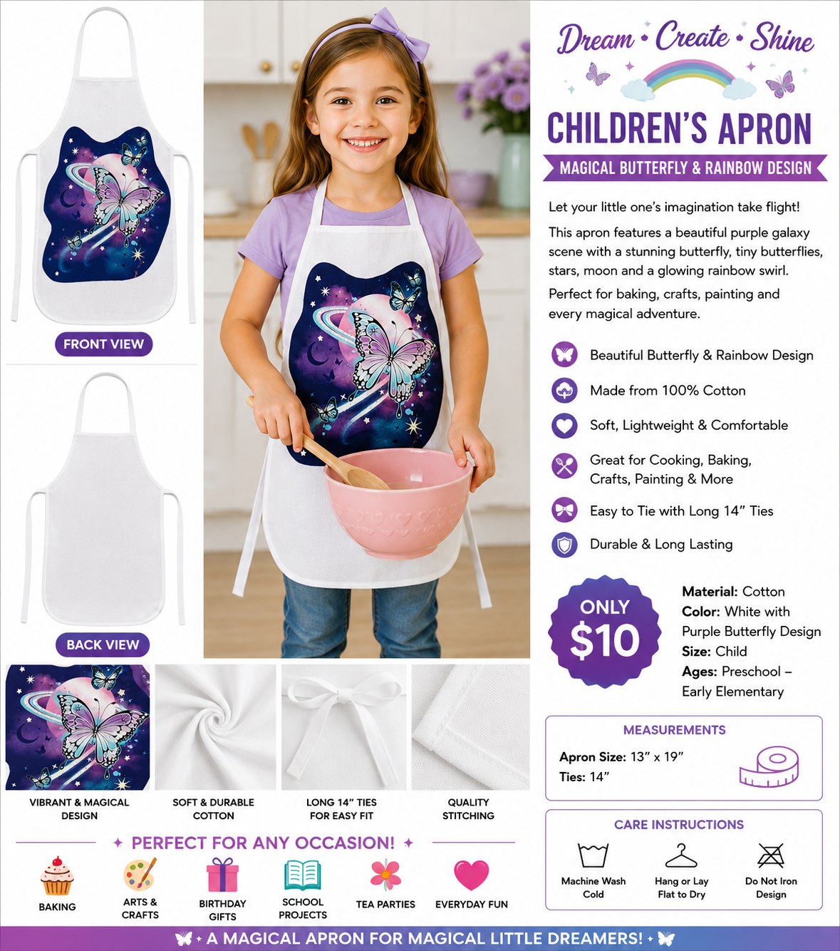 Magical Butterfly Galaxy White Cotton Kids Apron - details and styling
