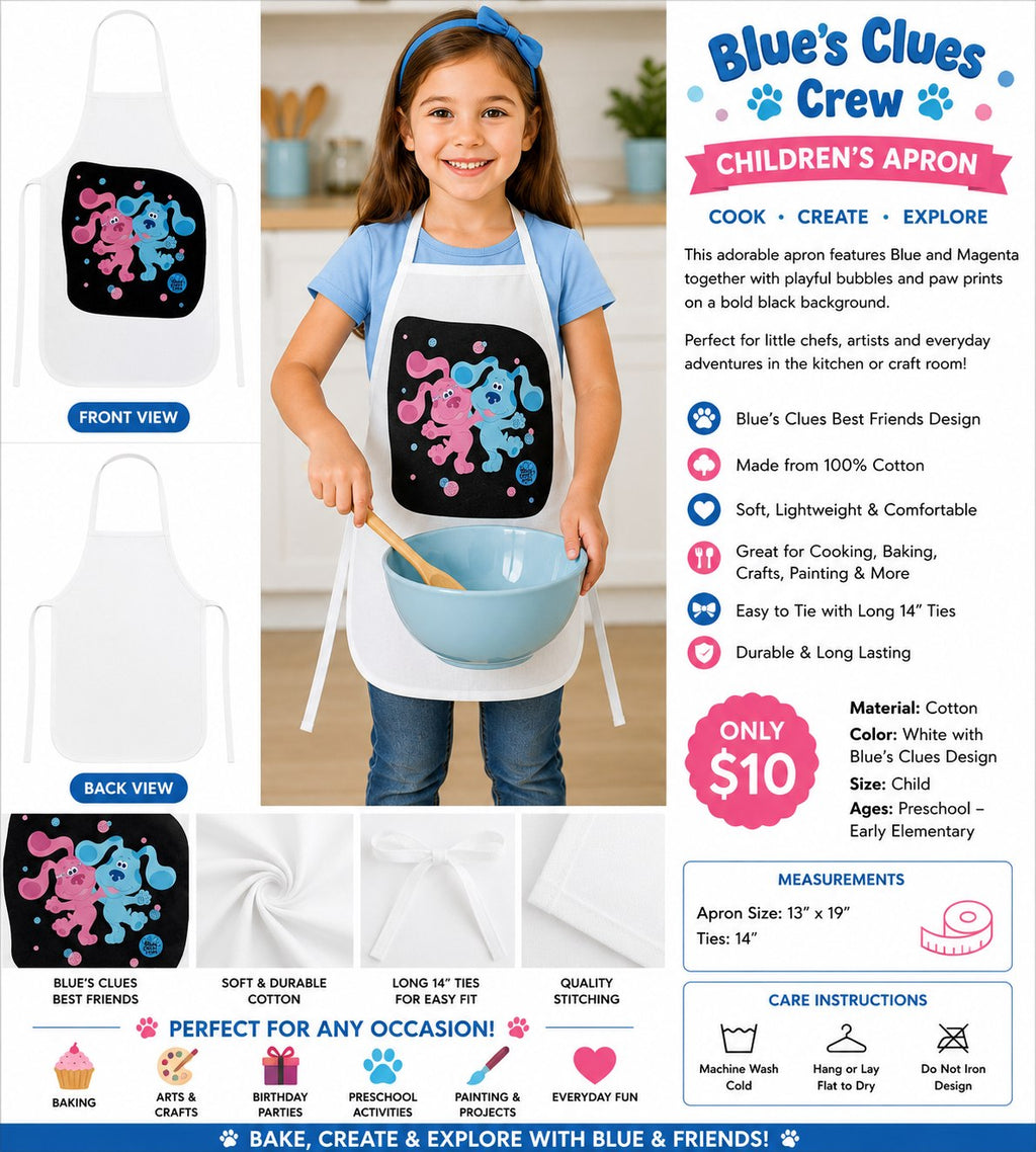 Blue’s Clues Crew White Cotton Kids Apron - details and styling