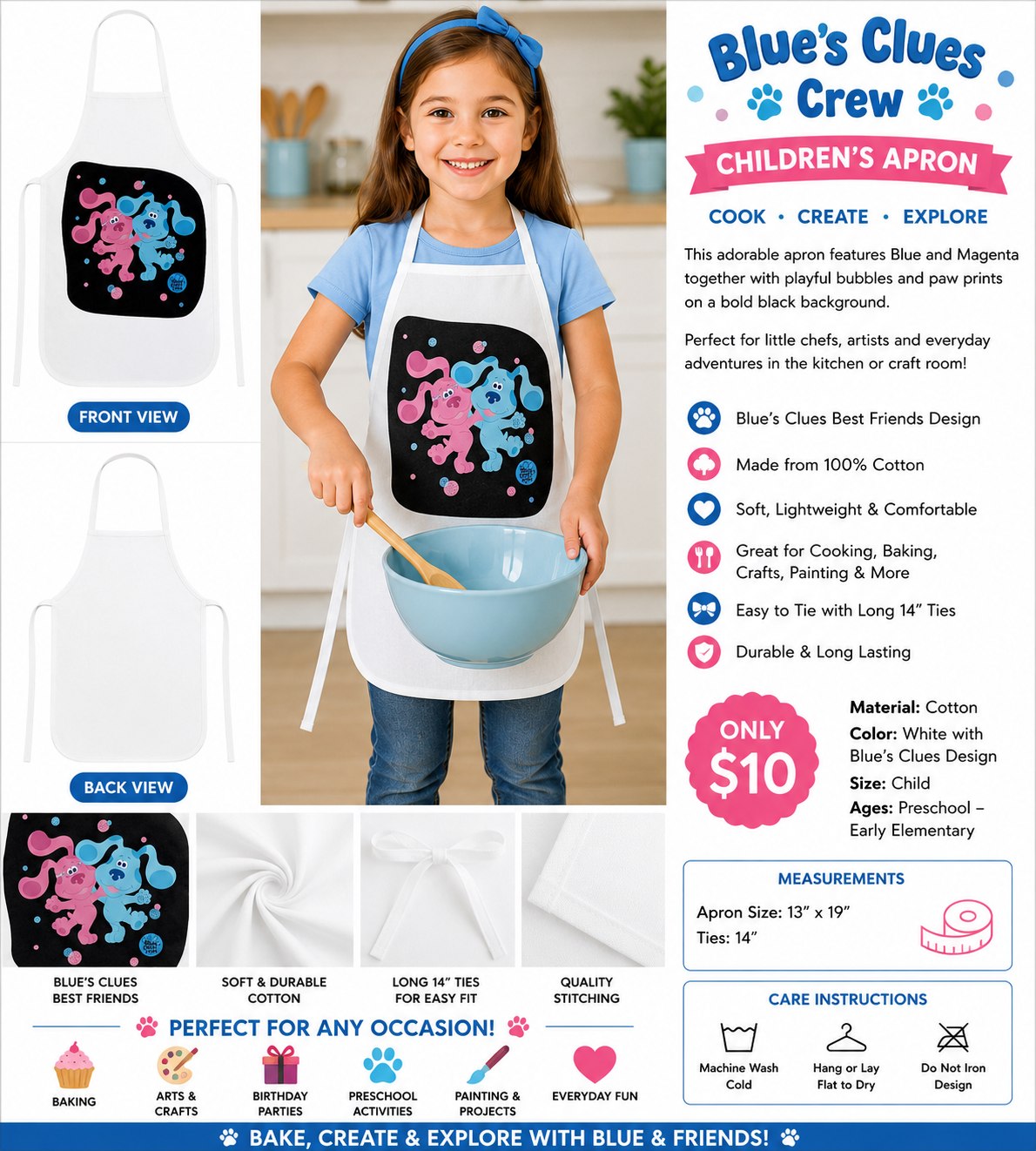 Blue’s Clues Crew White Cotton Kids Apron - details and styling