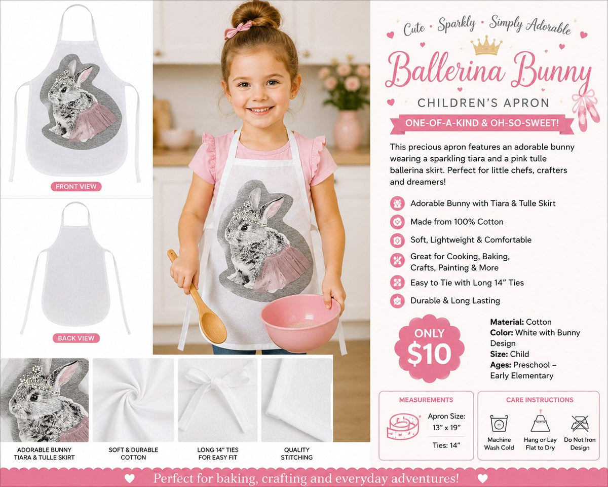 Princess Ballerina Bunny White Cotton Kids Apron - details and styling
