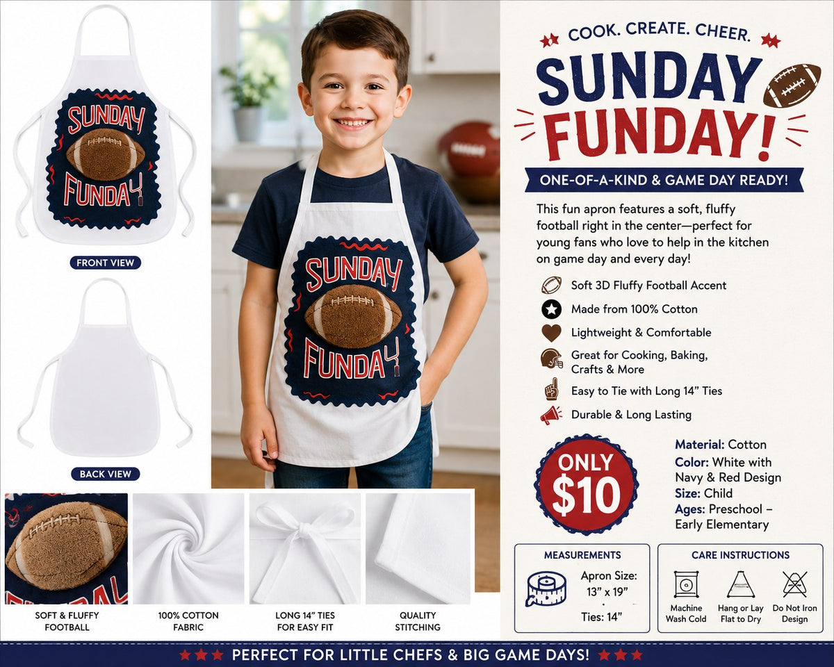 Sunday Funday Football White Cotton Kids Apron - details and styling