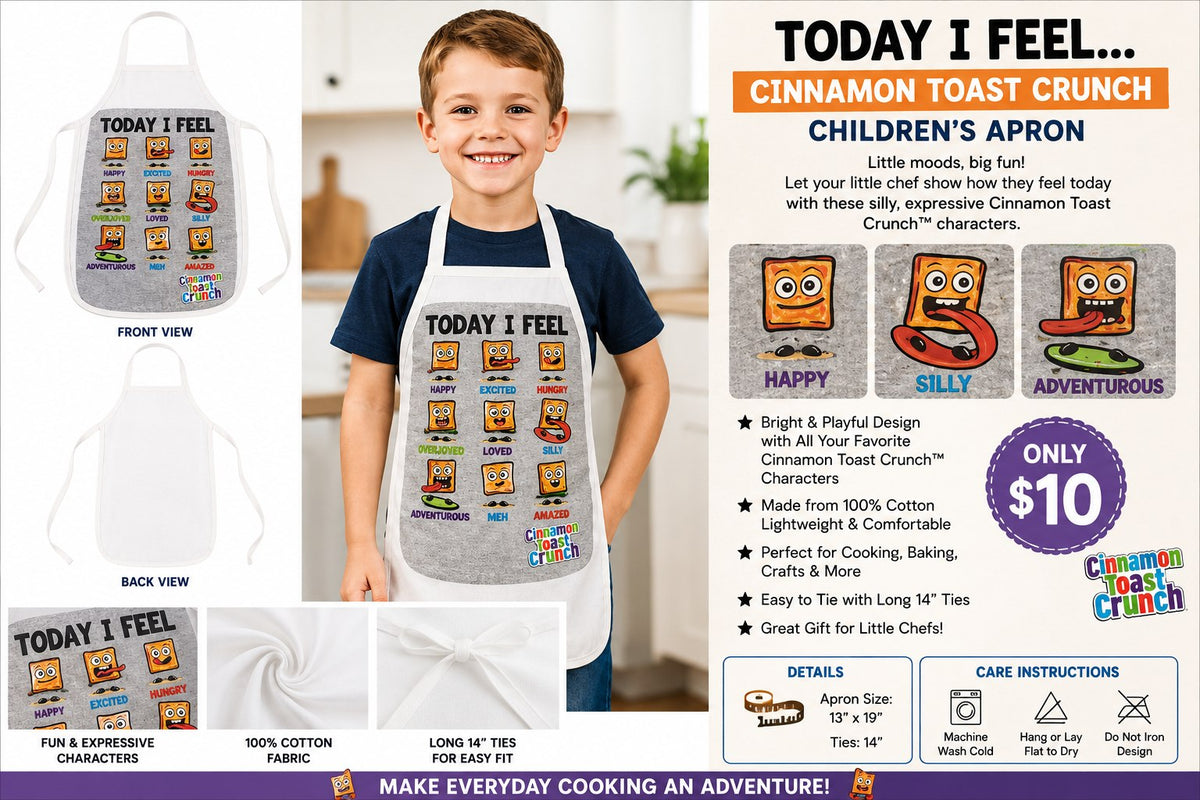 Today I Feel Cinnamon Toast Crunch White Cotton Kids Apron - details and styling