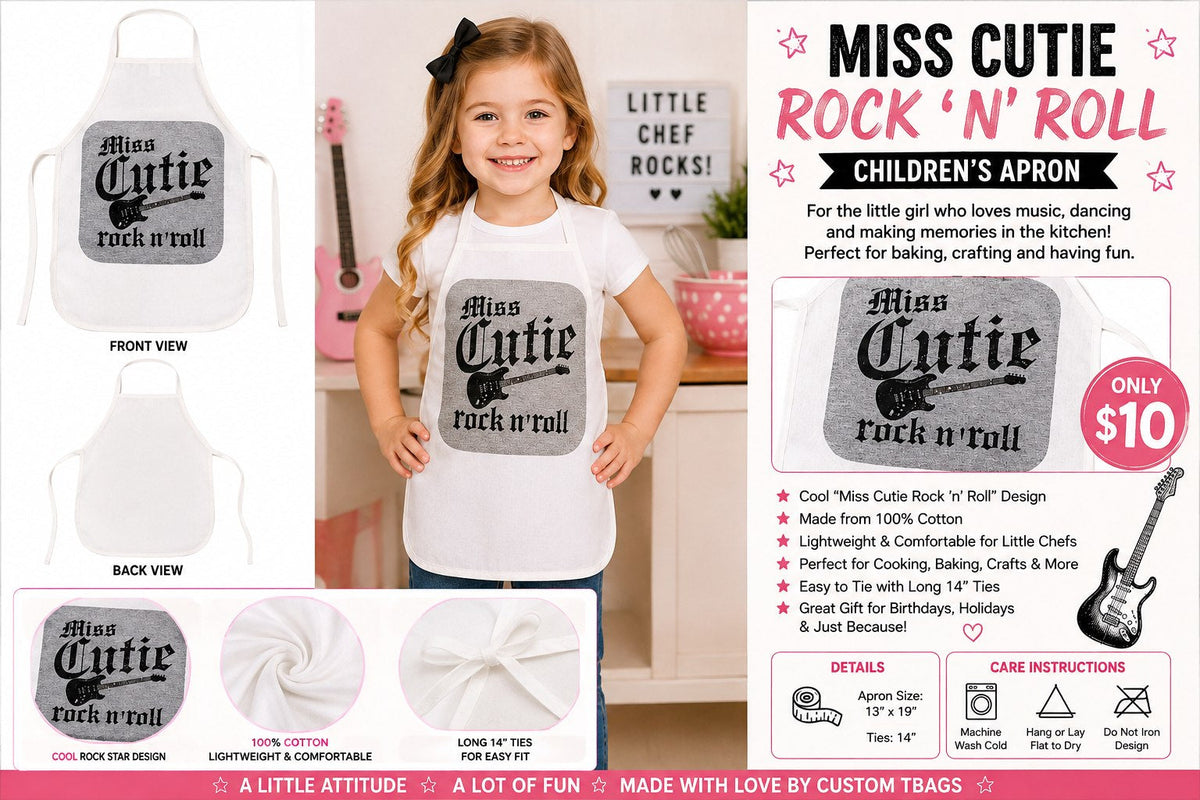 Miss Cutie Rock ’n’ Roll White Cotton Kids Apron - details and styling