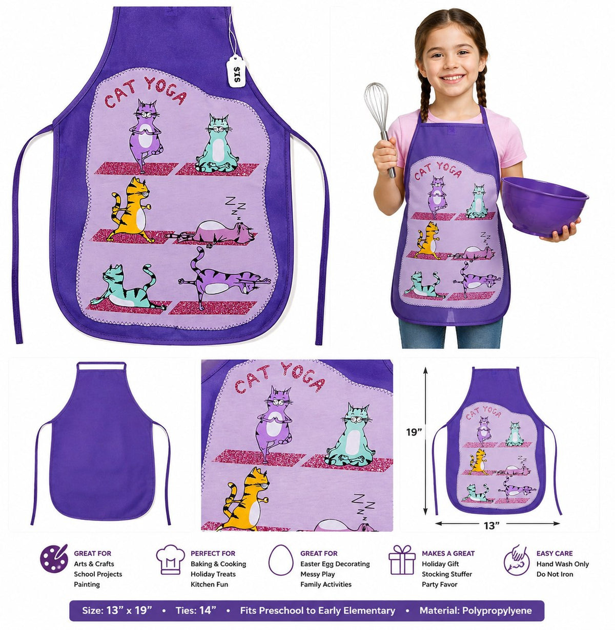 Cat Yoga Purple Children's Apron - details and styling