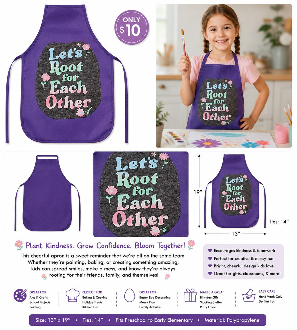 Let's Root for Each Other Purple Children's Apron - details and styling