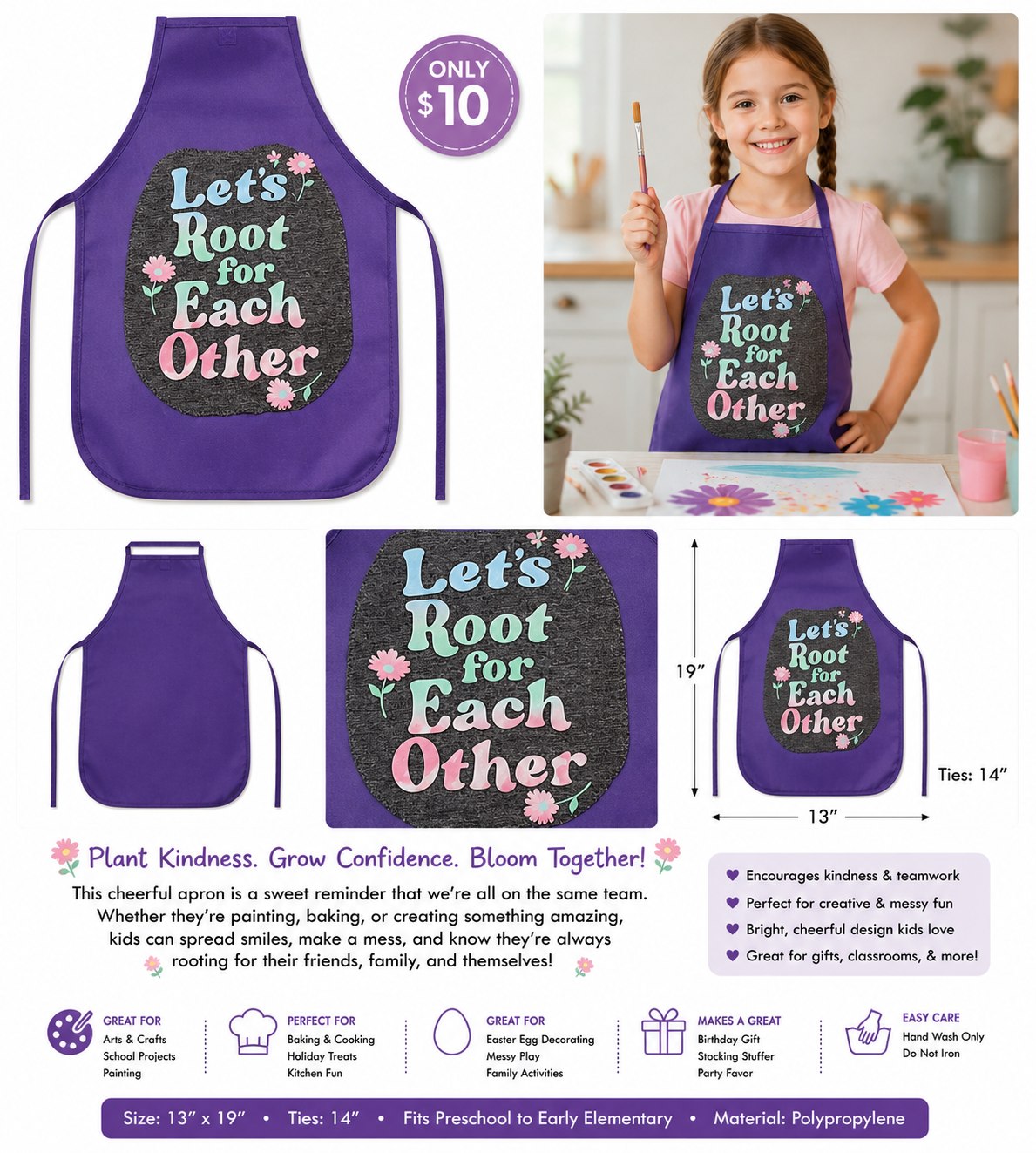 Let's Root for Each Other Purple Children's Apron - details and styling