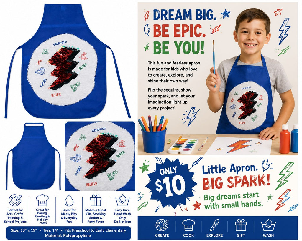 Little Apron, Big Spark Blue Children's Apron - details and styling