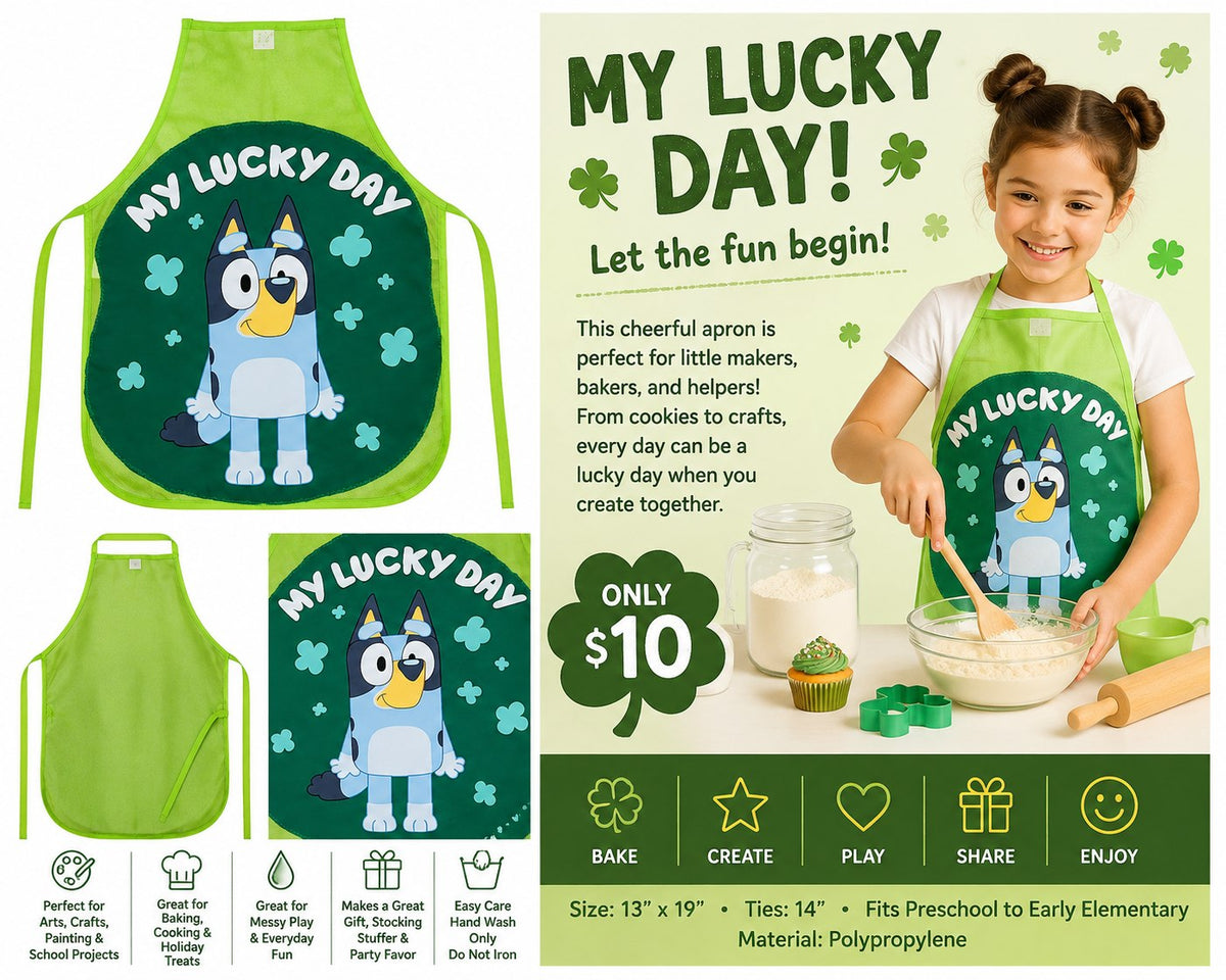 My Lucky Day Green Children's Apron - details and styling