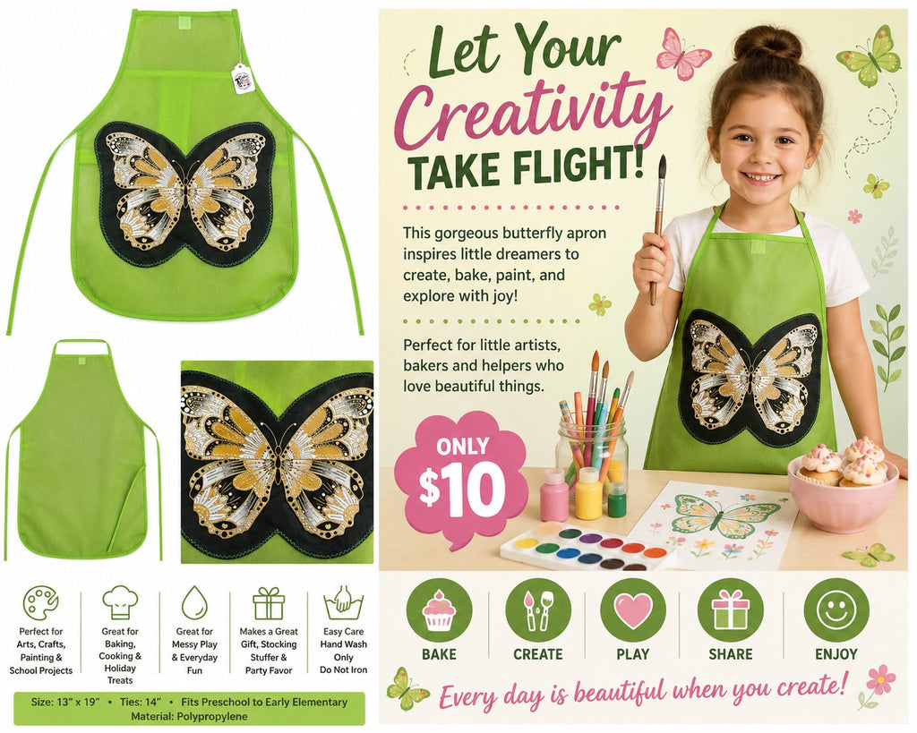 Beautiful Butterfly Green Children's Apron – Let Your Creativity Take Flight! - details and styling