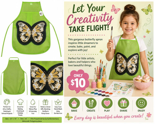 Beautiful Butterfly Green Children's Apron – Let Your Creativity Take Flight! - details and styling