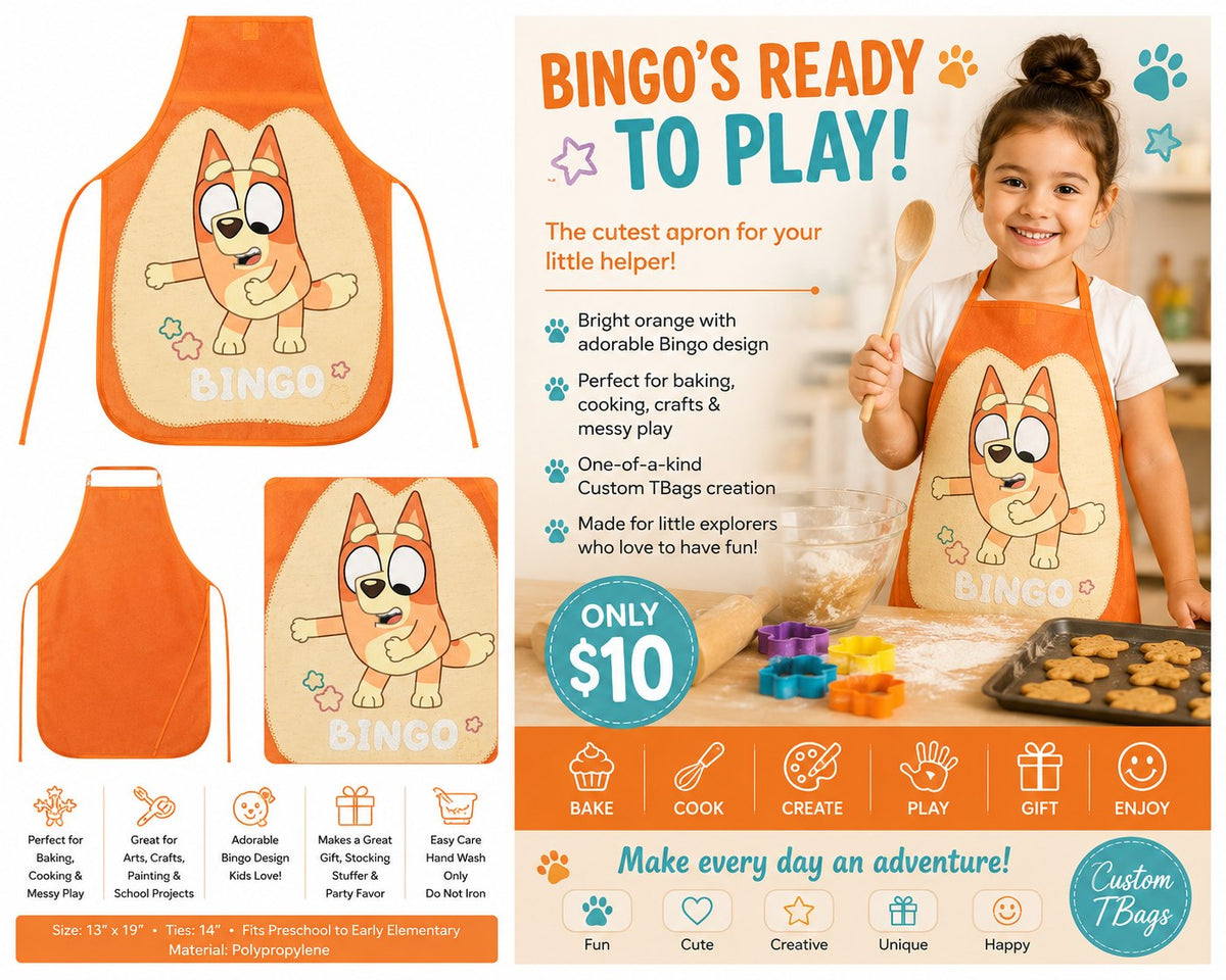 Bingo's Ready to Play Orange Children's Apron – One of a Kind - details and styling