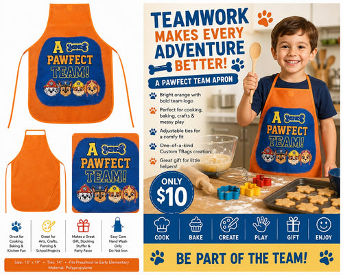 A Pawfect Team Orange Children's Apron – One of a Kind - details and styling