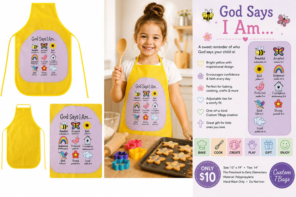 God Says I Am Yellow Children's Apron – One of a Kind - details and styling
