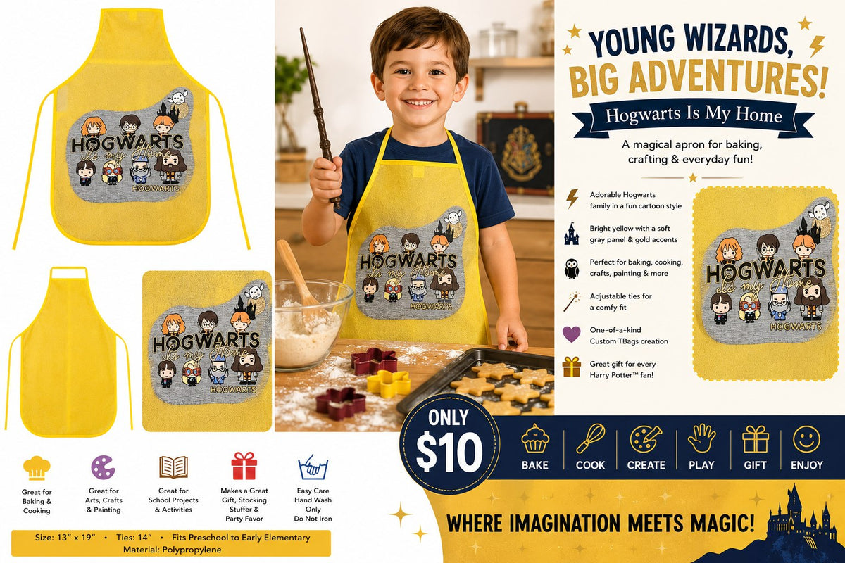 Hogwarts Is My Home Yellow Children's Apron – One of a Kind - details and styling