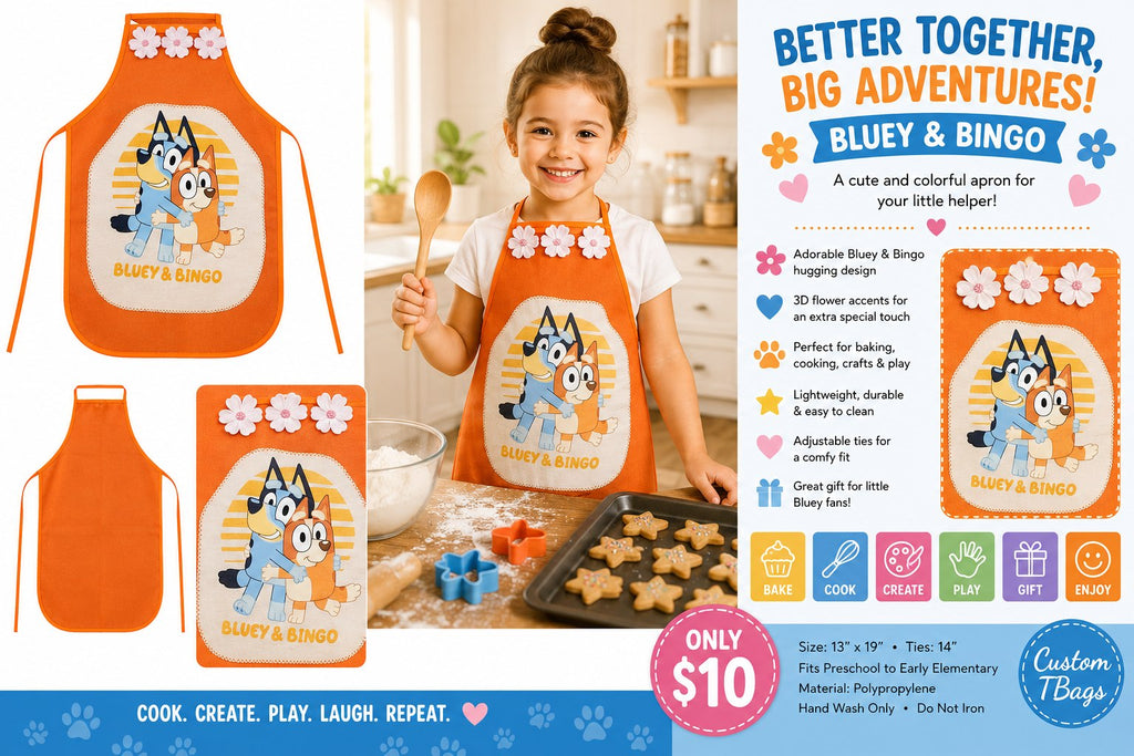 Bluey & Bingo Hugging Orange Children's Apron – One of a Kind - details and styling