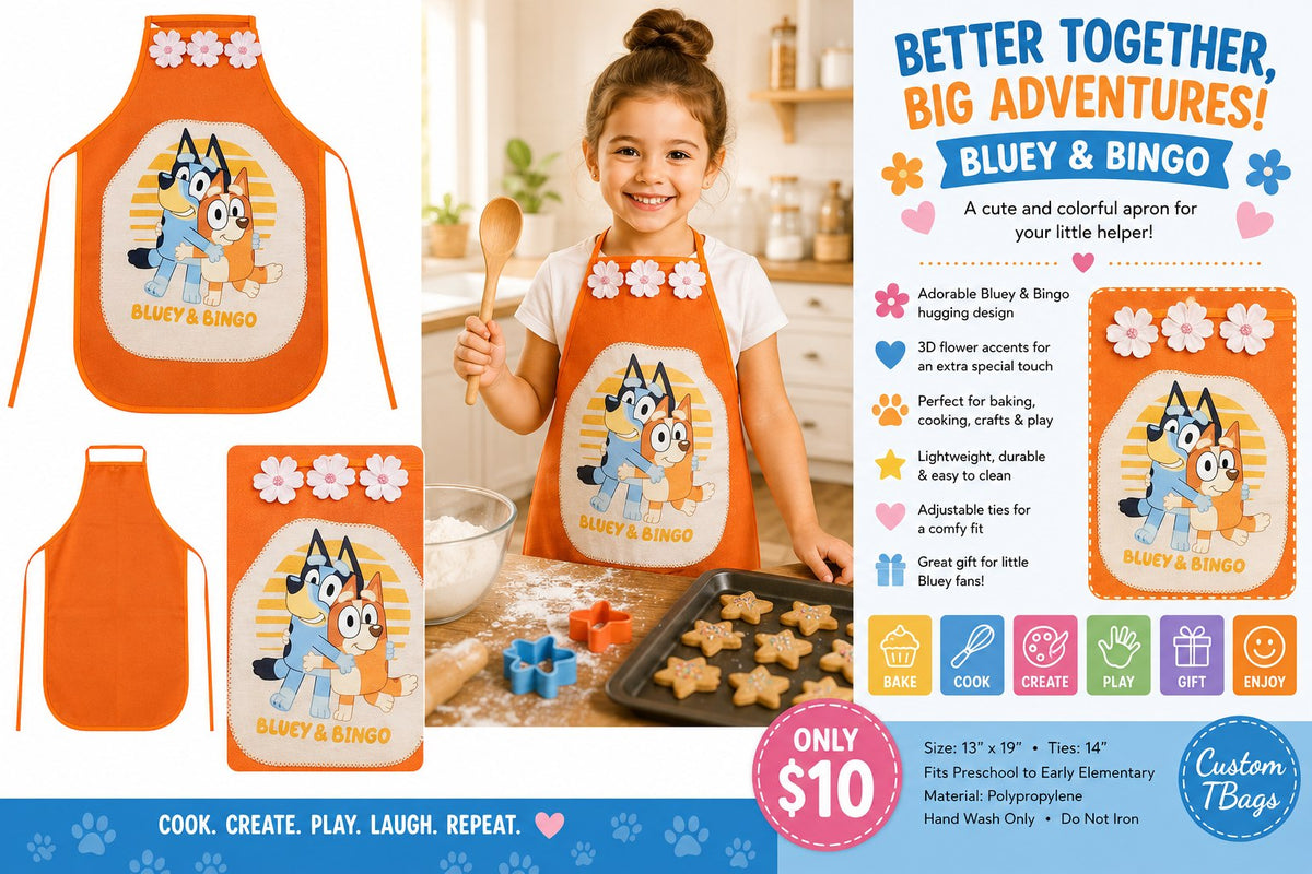 Bluey & Bingo Hugging Orange Children's Apron – One of a Kind - details and styling