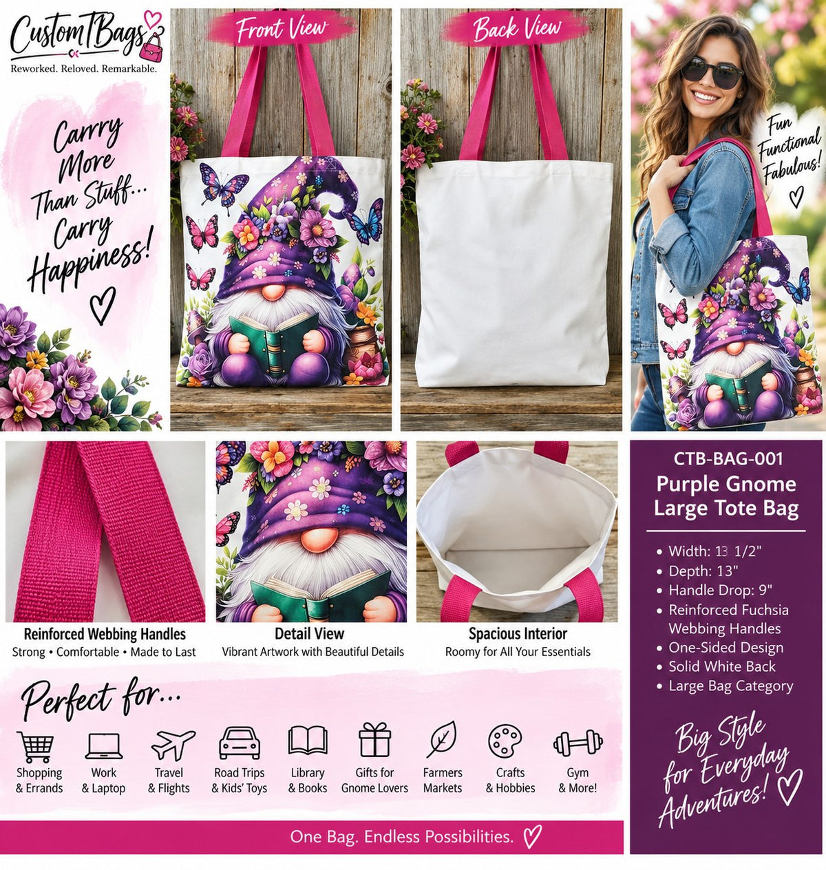 Purple Gnome Large Everyday Tote – One-of-a-Kind Floral Carryall | Custom TBags - details and styling