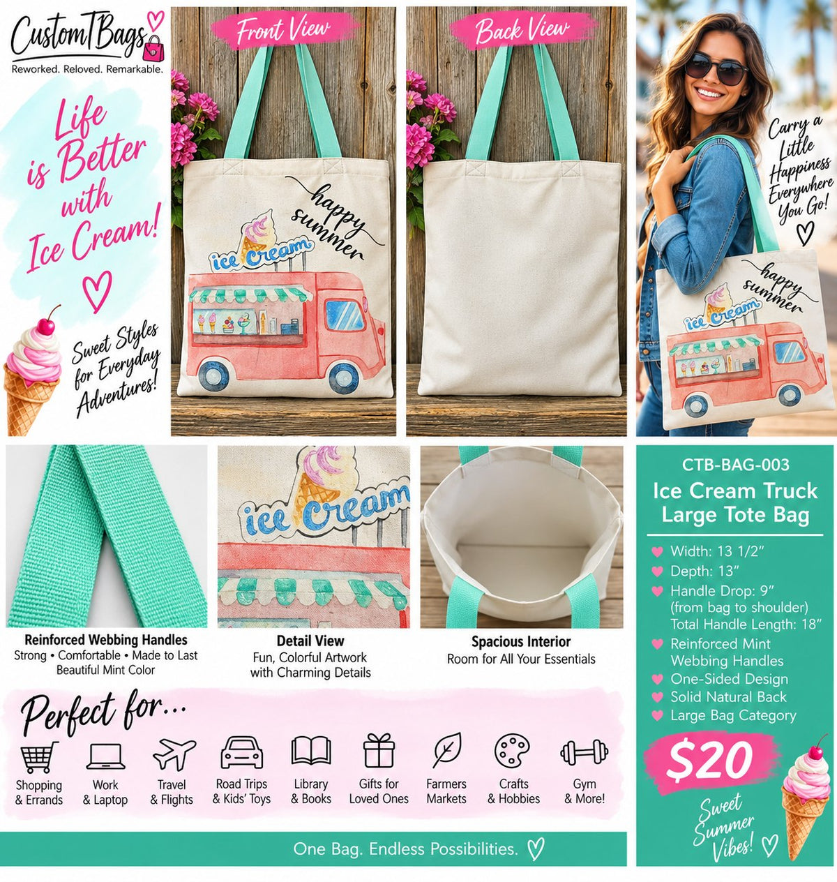 Ice Cream Truck Large Tote Bag – One-of-a-Kind Everyday Carryall | Custom TBags - details and styling