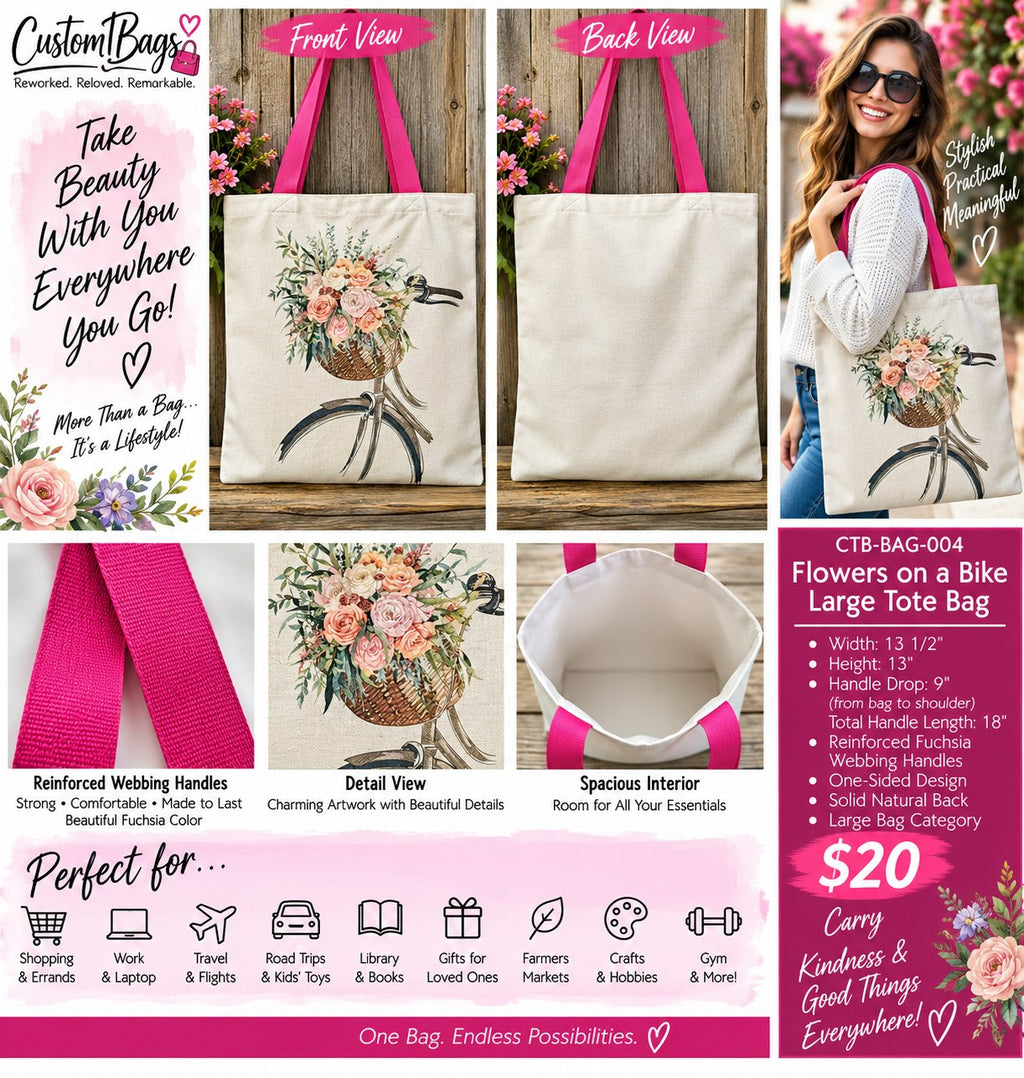Flowers on a Bike Large Tote Bag – One-of-a-Kind Everyday Carryall | Custom TBags - details and styling