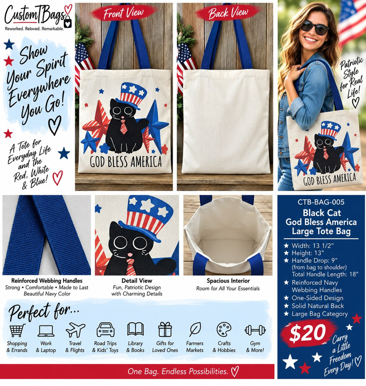 Black Cat God Bless America Large Tote Bag – One-of-a-Kind Everyday Carryall | Custom TBags - details and styling