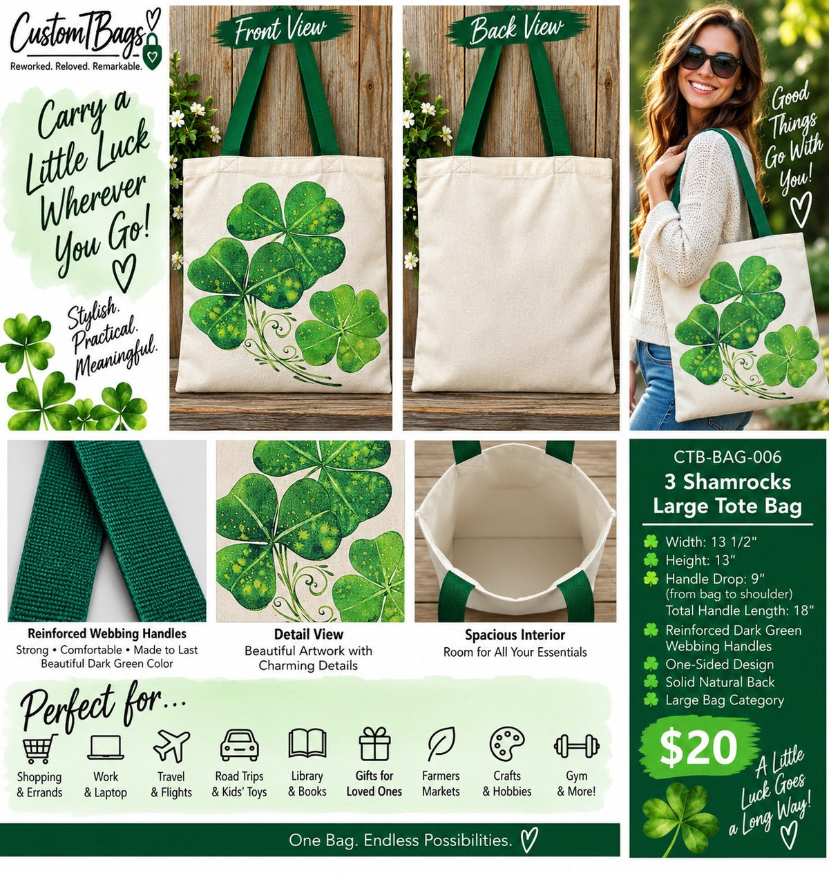 Three Shamrocks Large Tote Bag – One-of-a-Kind Everyday Carryall | Custom TBags - details and styling