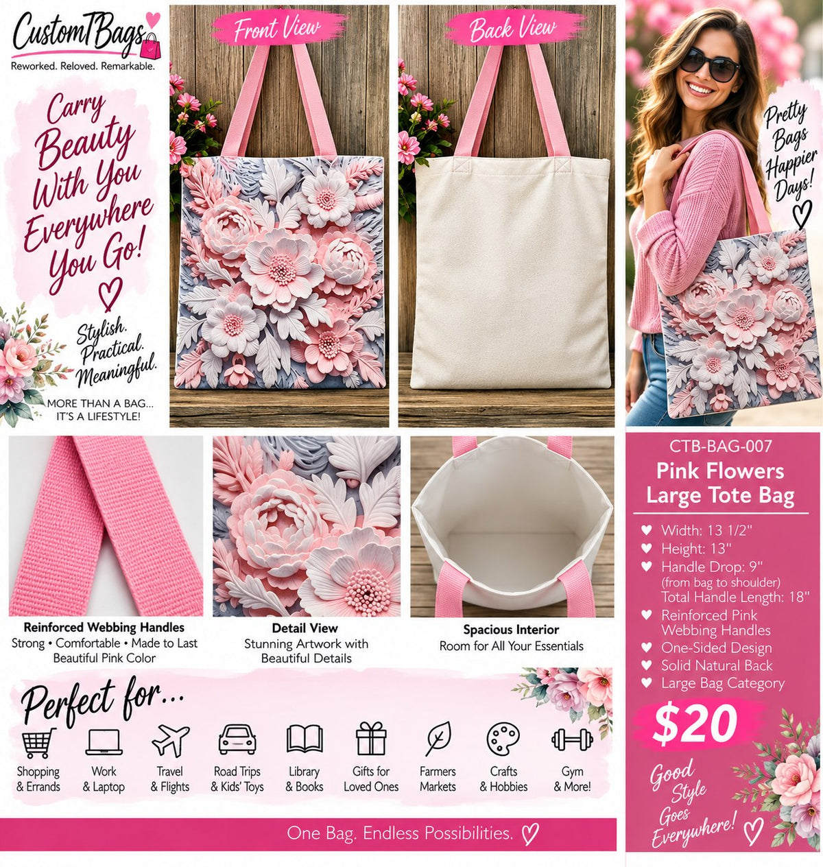 Pink Flowers Large Tote Bag – One-of-a-Kind Everyday Carryall | Custom TBags - details and styling