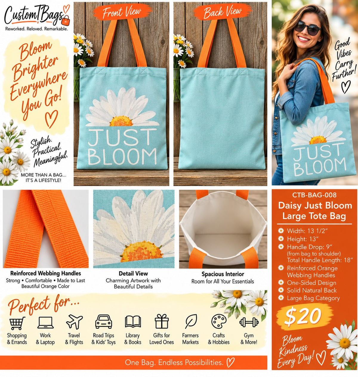 Daisy Just Bloom Large Tote Bag – One-of-a-Kind Everyday Carryall | Custom TBags - details and styling