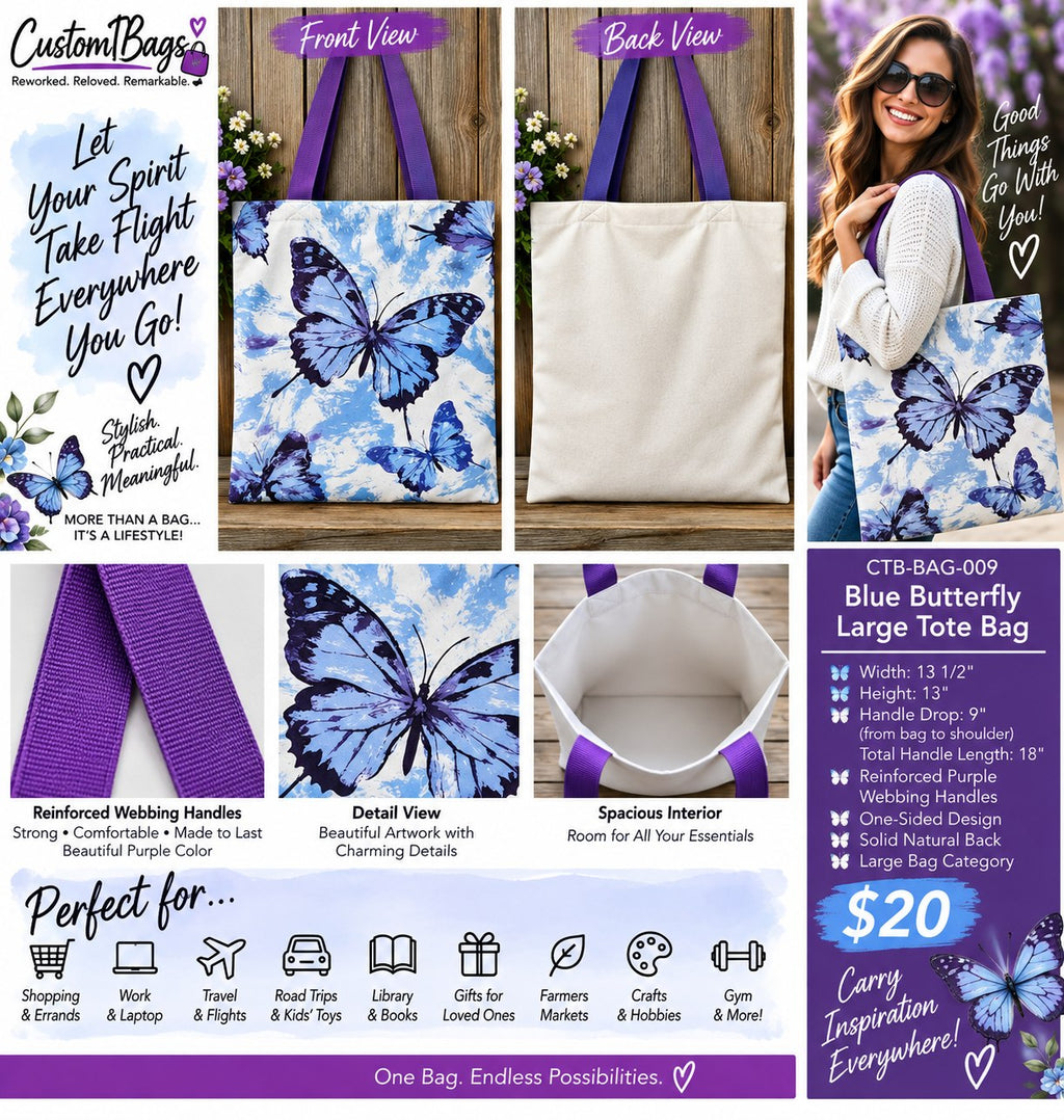 Blue Butterfly Large Tote Bag – One-of-a-Kind Everyday Carryall | Custom TBags - details and styling