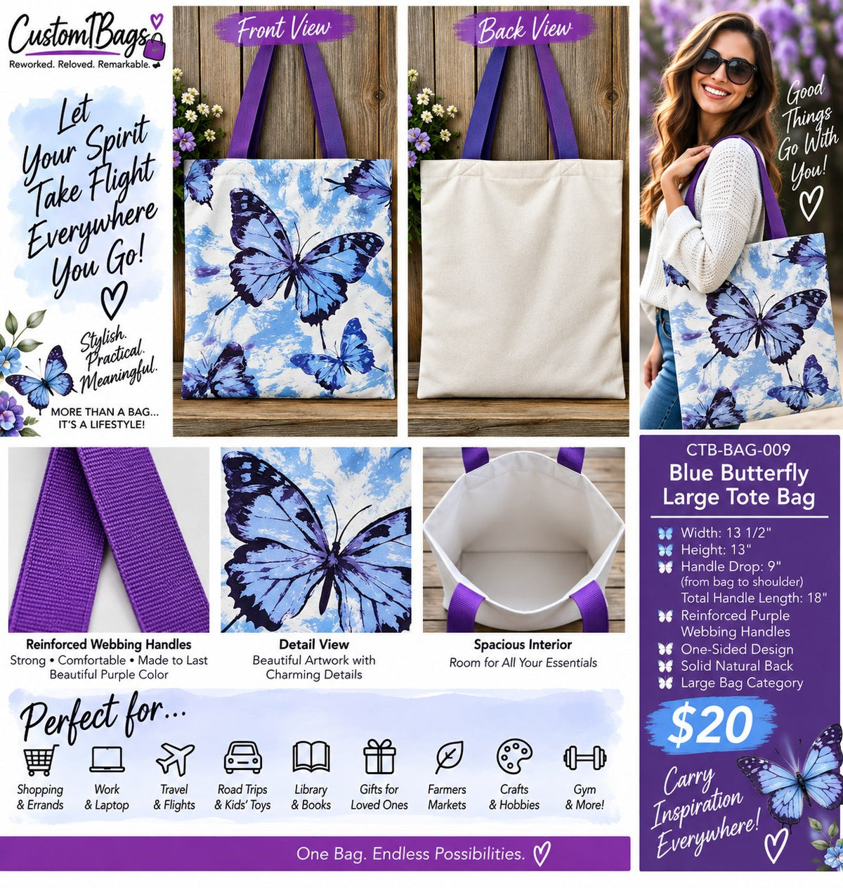 Blue Butterfly Large Tote Bag – One-of-a-Kind Everyday Carryall | Custom TBags - details and styling