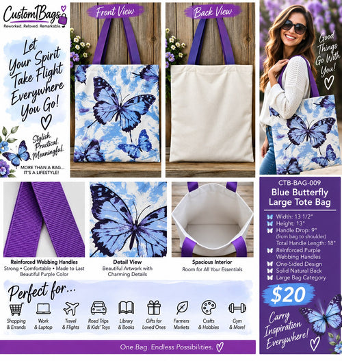 Blue Butterfly Large Tote Bag – One-of-a-Kind Everyday Carryall | Custom TBags - details and styling