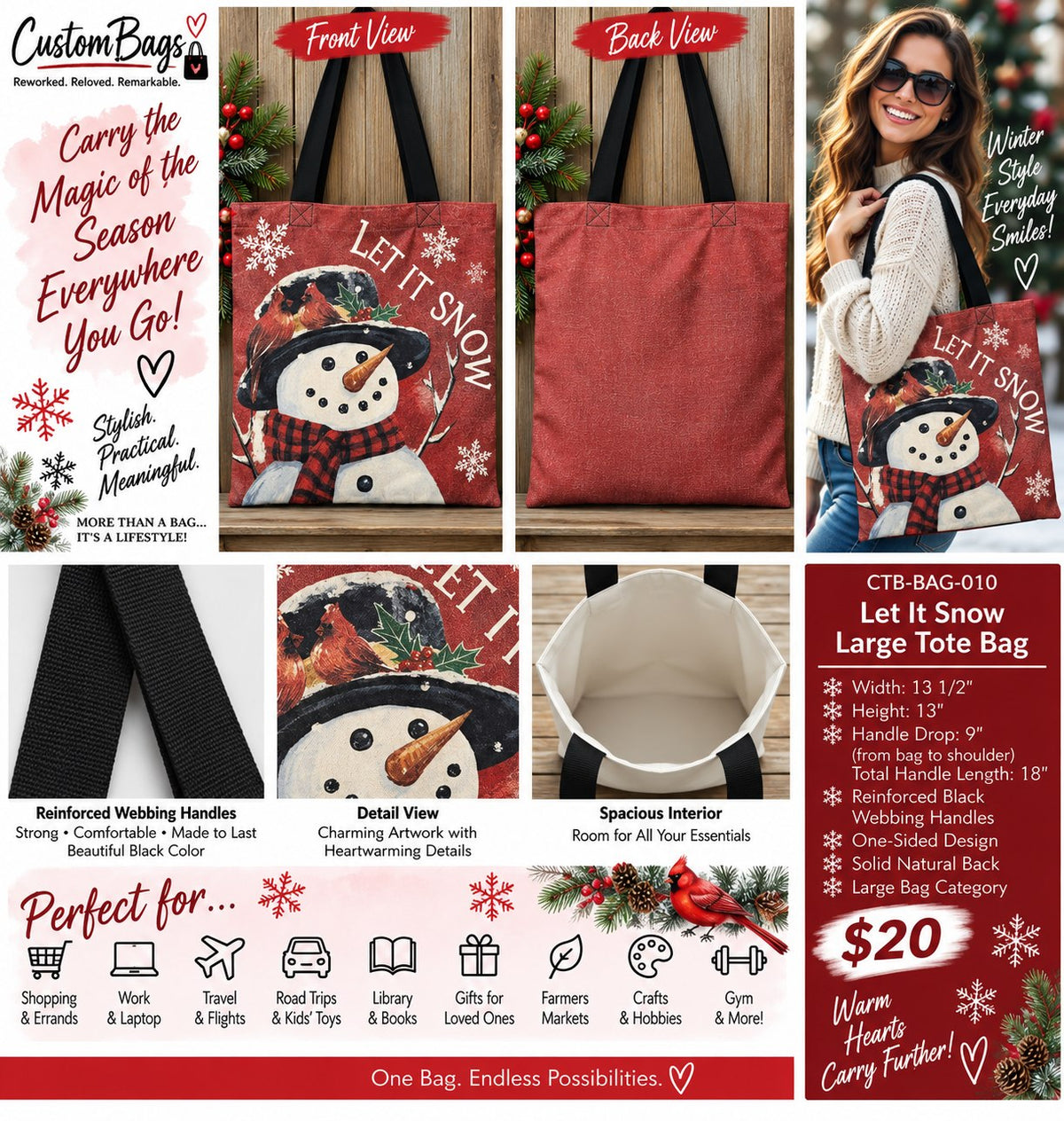 Let It Snow Large Tote Bag – One-of-a-Kind Everyday Carryall | Custom TBags - details and styling