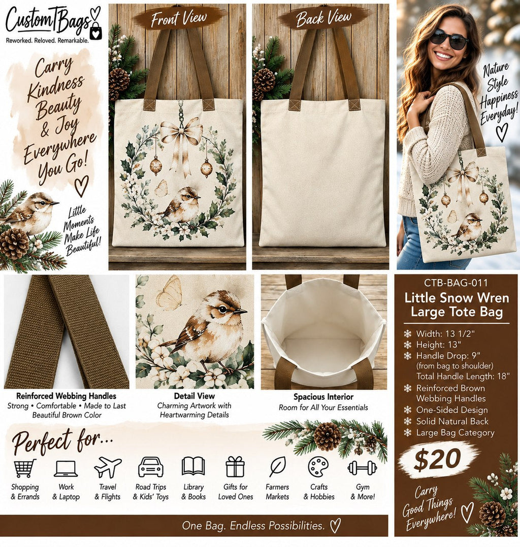 Little Snow Wren Large Tote Bag – One-of-a-Kind Everyday Carryall | Custom TBags - details and styling