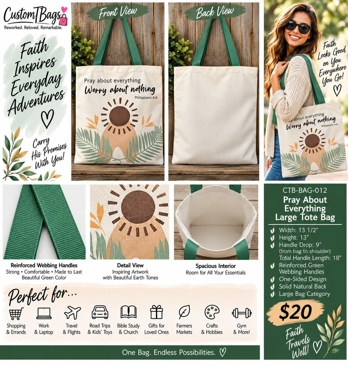 Pray About Everything Large Tote Bag – One-of-a-Kind Everyday Carryall | Custom TBags - details and styling
