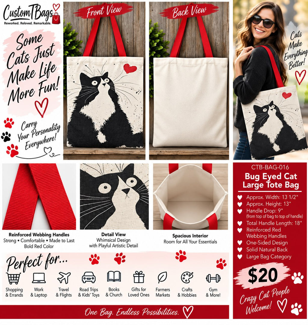 Bug Eyed Cat Large Tote Bag - details and styling