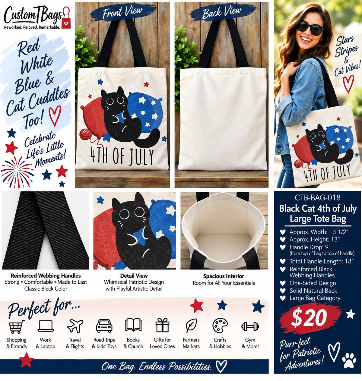 Black Cat 4th of July Large Tote Bag - details and styling