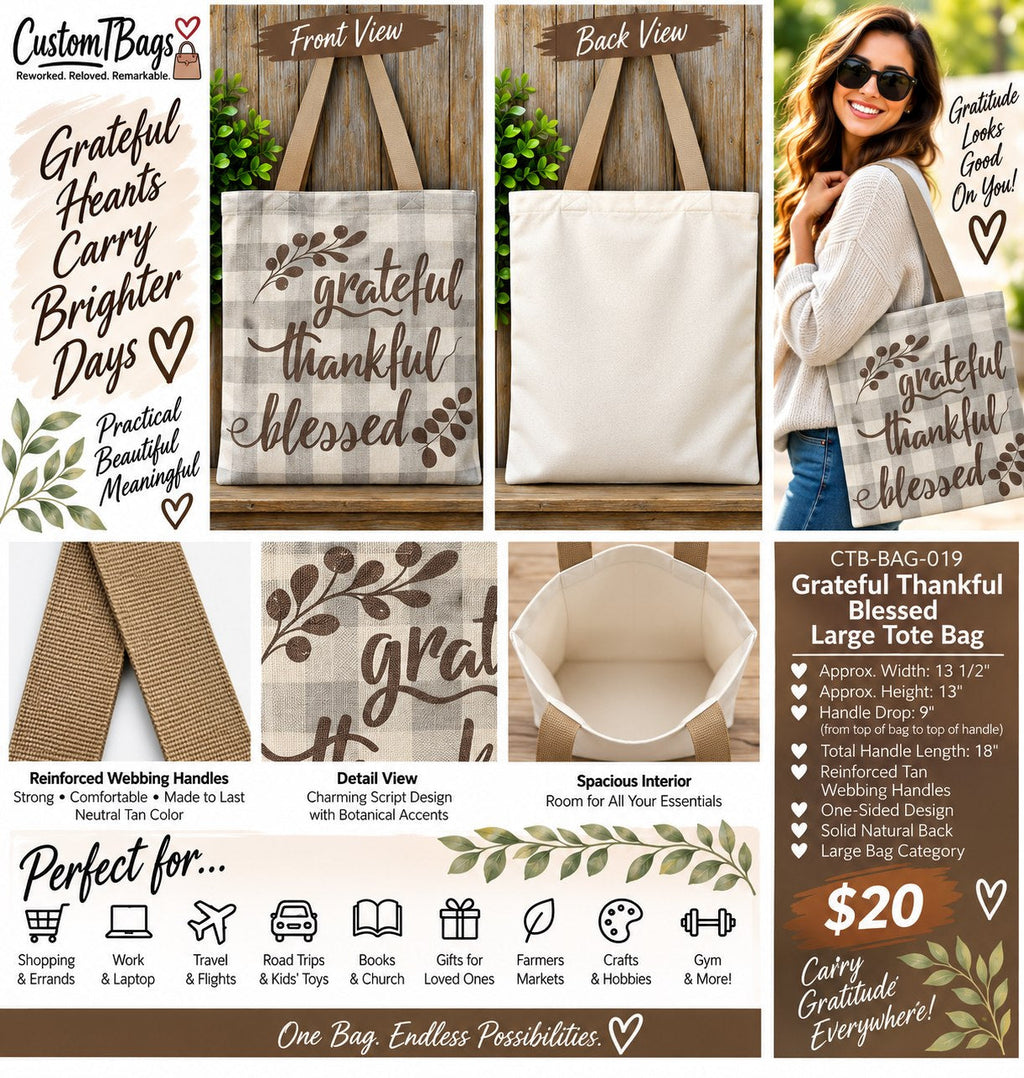 Grateful Thankful Blessed Large Tote Bag - details and styling