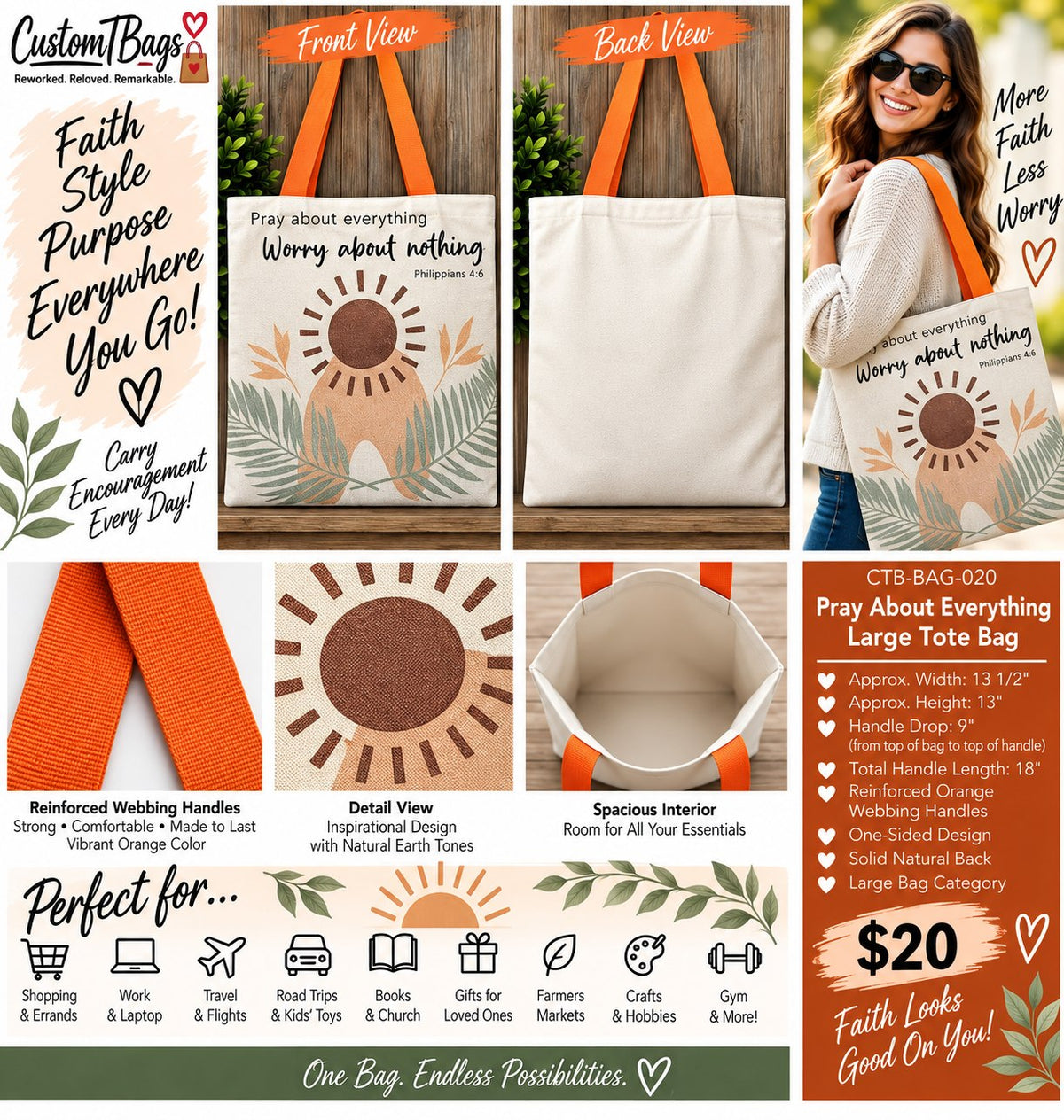 Pray About Everything Large Tote Bag - details and styling