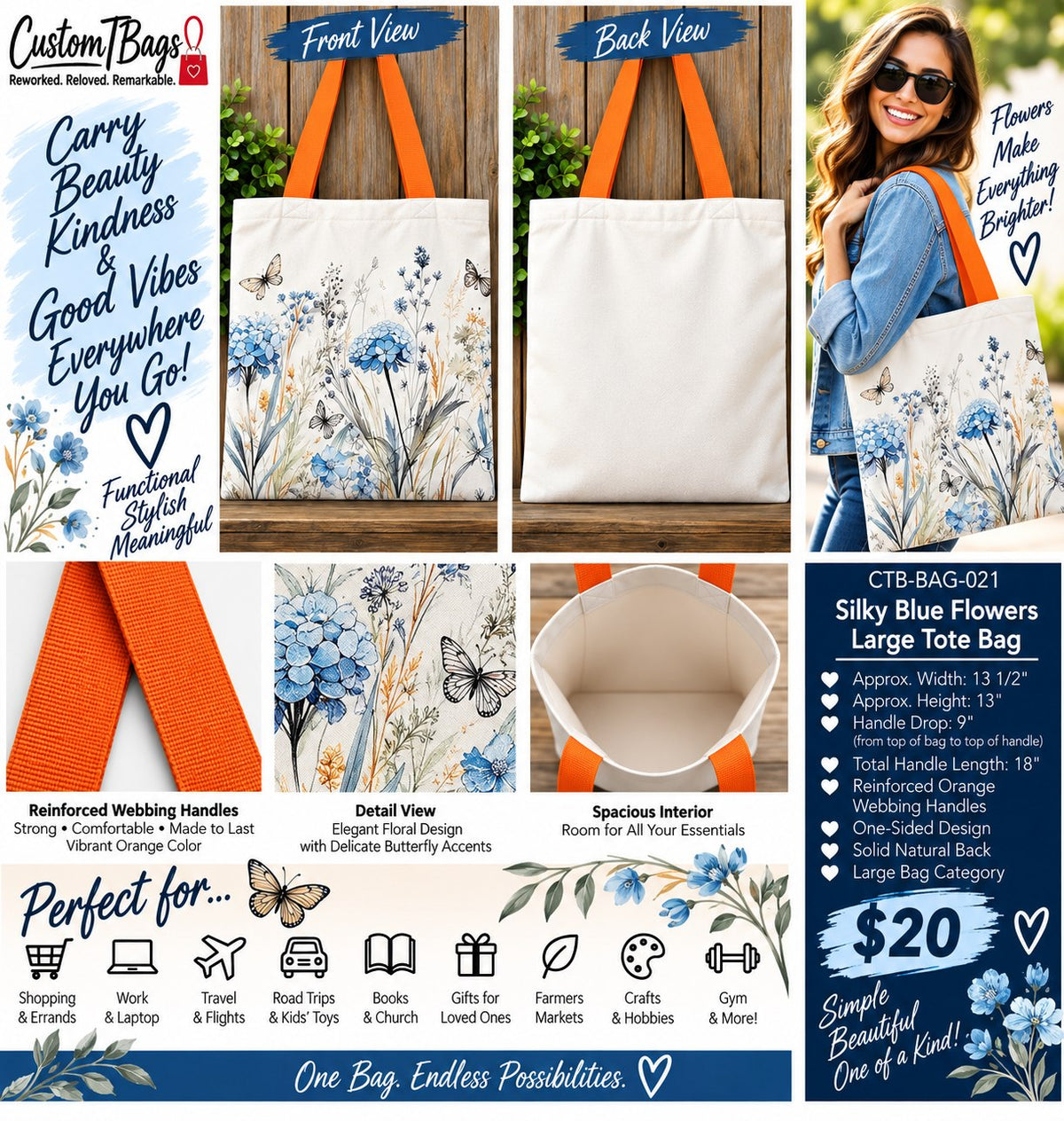 Silky Blue Flowers Large Tote Bag - details and styling