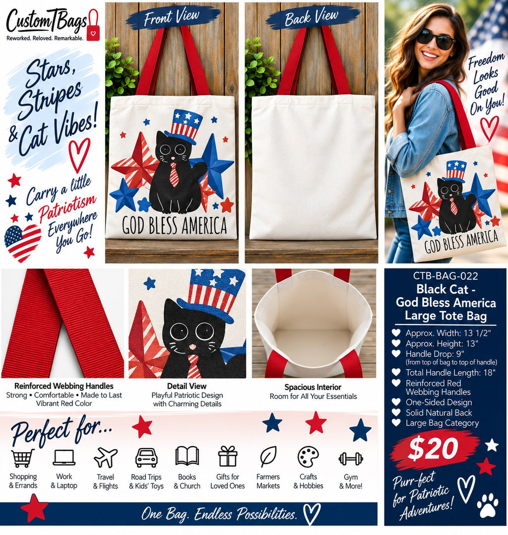 Black Cat God Bless America Large Tote Bag - details and styling